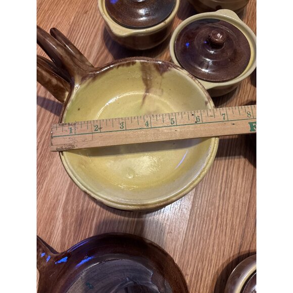 Rare Set Of Vtg Artisan crocks & Plates Brown & tan drip Clay MCM Pull Handles - Picture 4 of 11